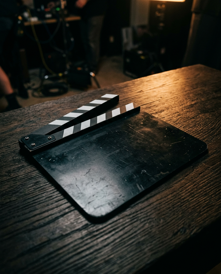 A worn clapperboard rests on a wooden table on set.