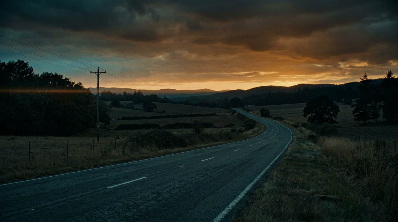 An empty road disappears into hills under a burnt-orange sunset.