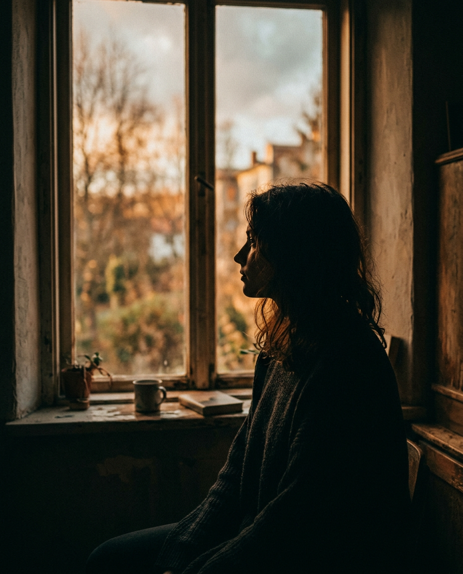 A woman sits by a window at dusk, watching the world outside.